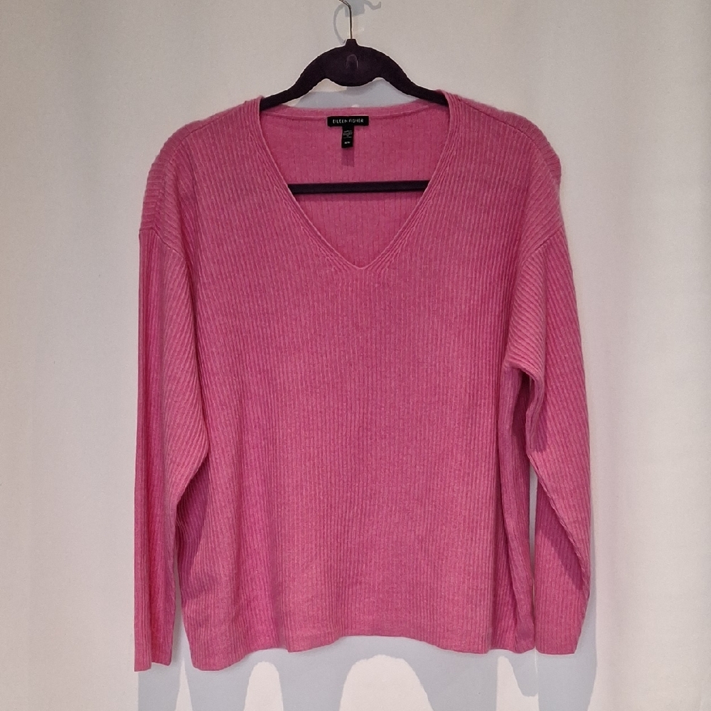 Eileen Fisher 100% Cashmere Women's V-Neck Ribbed Sweater in Pink Size M